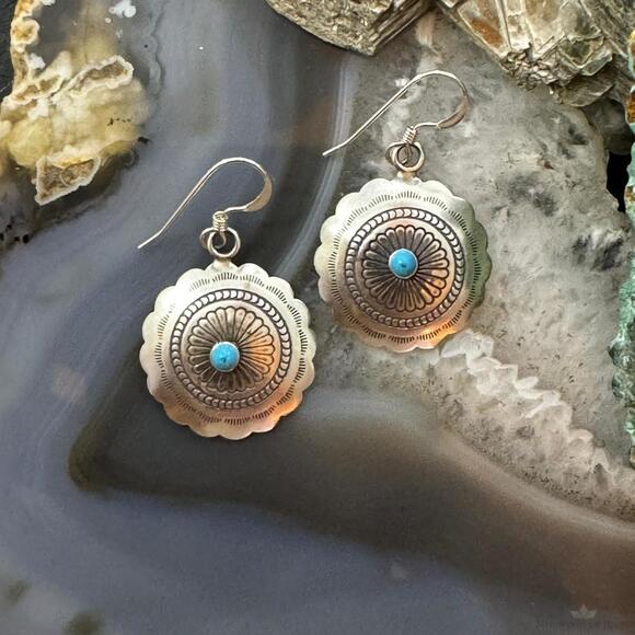 Native American Sterling Turquoise Dot Flower Concho Dangle Earrings For Women - Picture 2 of 10